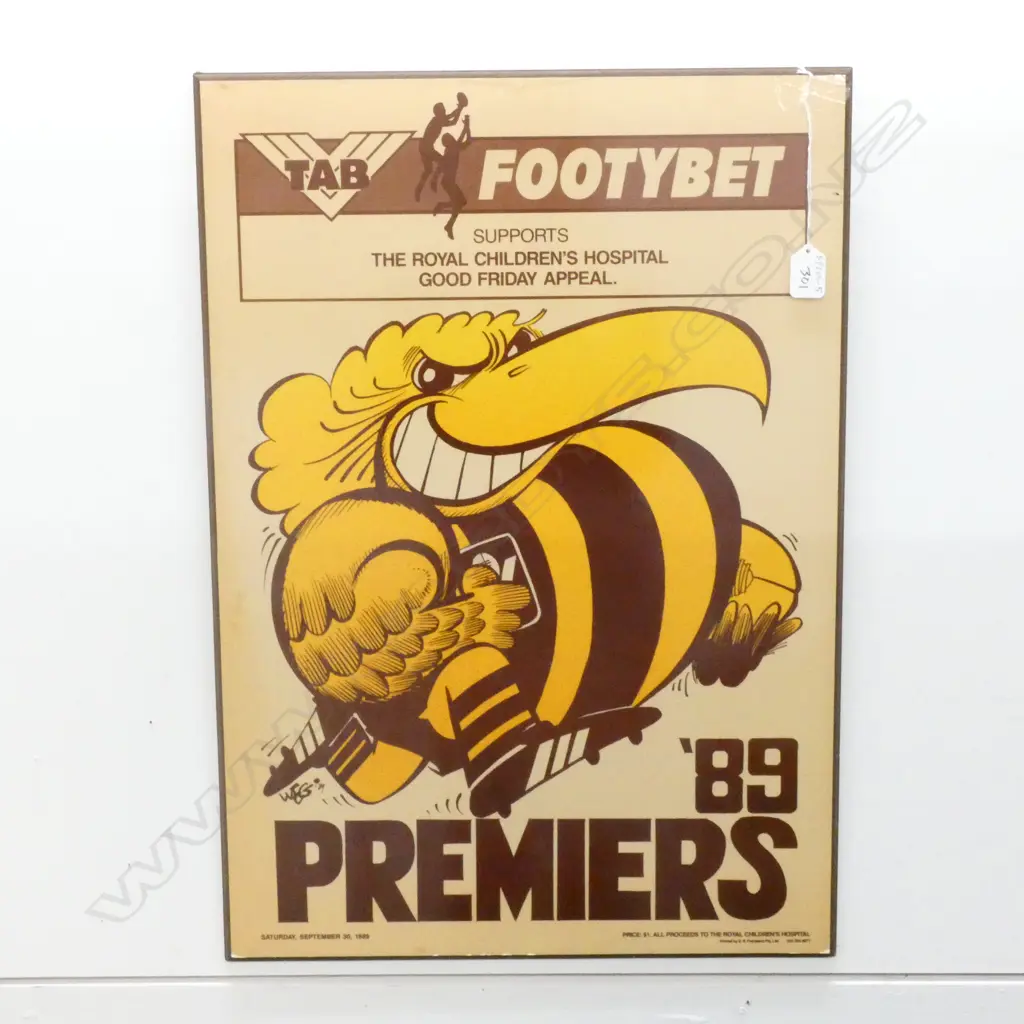ORIGINAL 1989 HAWTHORN HAWKS TAB FOOTYBET ADVERTISING POSTER 645MM Image 1++