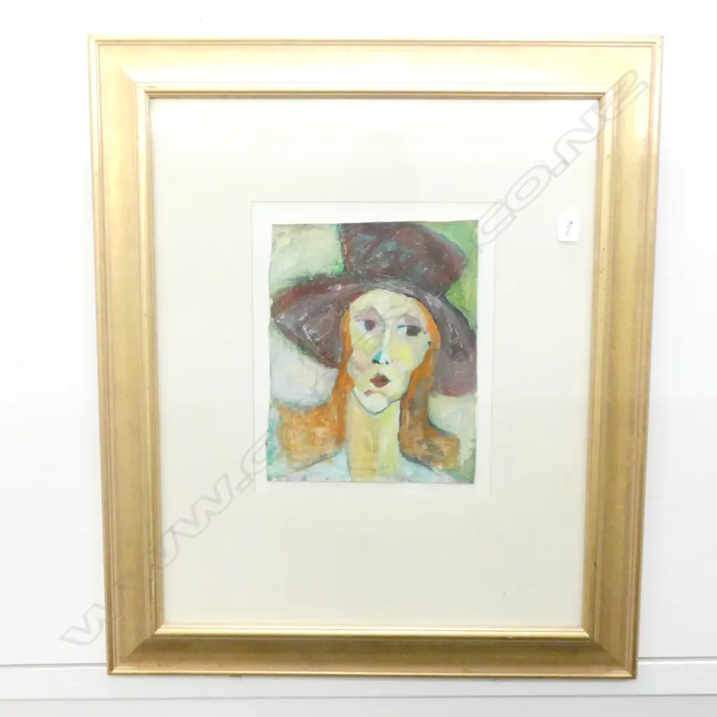 ATTRIBUTED JACQUI GIBBS-CHAMBERLAIN, SIGNED LOWER LEFT EDGE,  PORTRAIT OIL OF A LADY IN A HAT.  790MM Image 1++