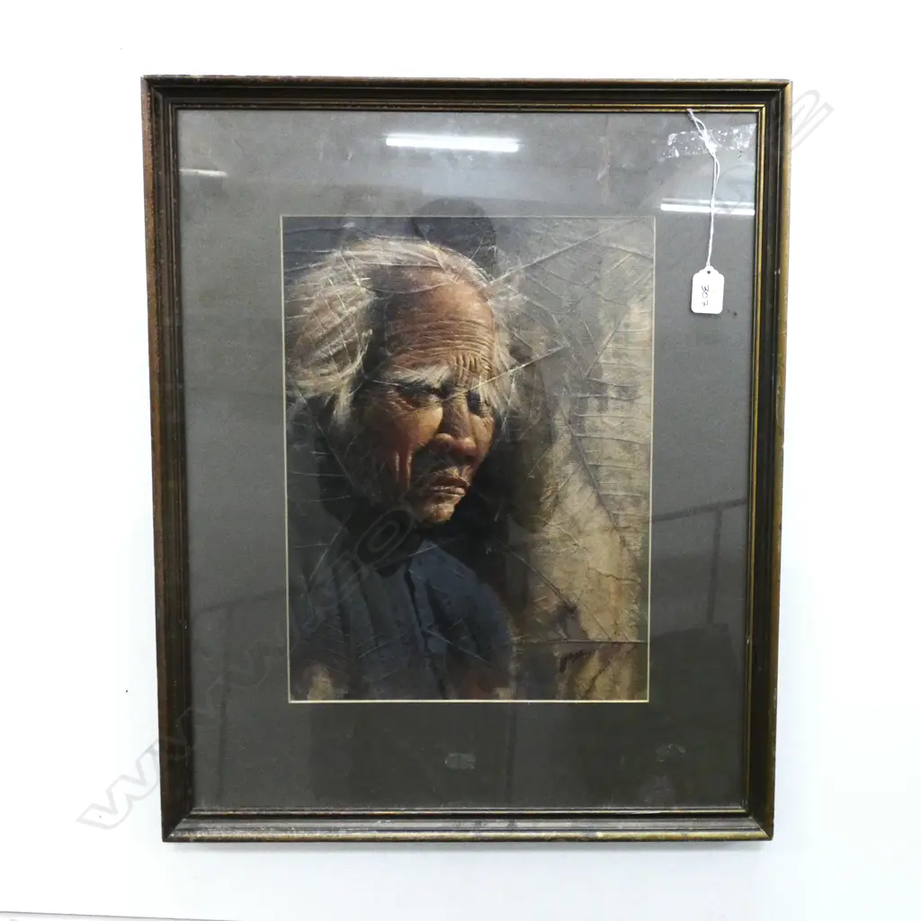 A GOOD VINTAGE OIL ON TOBACCO LEAF OF AN OLD MAN SIGNED GRIS H. 610MM FRAME Image 1++