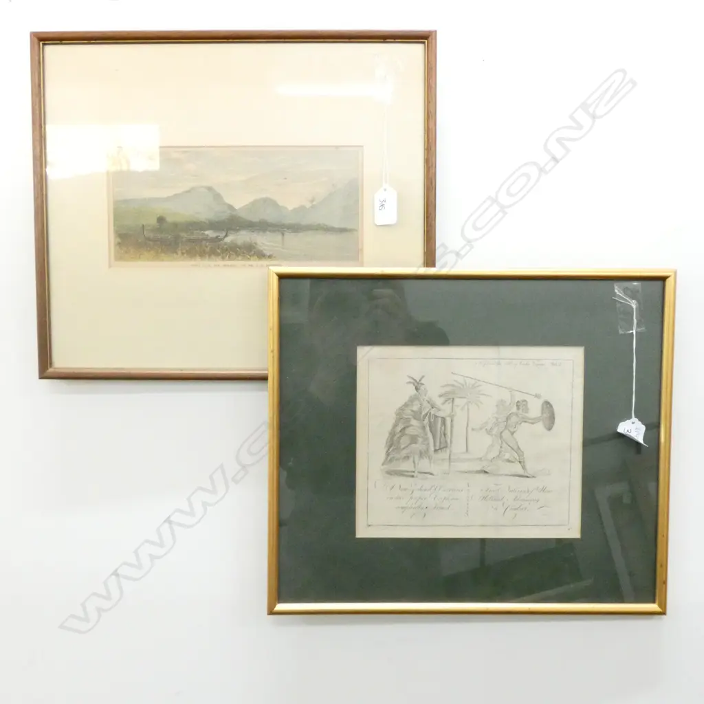 FRAMED ENGRAVING A N.Z WARRIOR+ COLOUR LITHO COOKS COVE BY J.C. RICHMOND 200 X 170 MM Image 1++