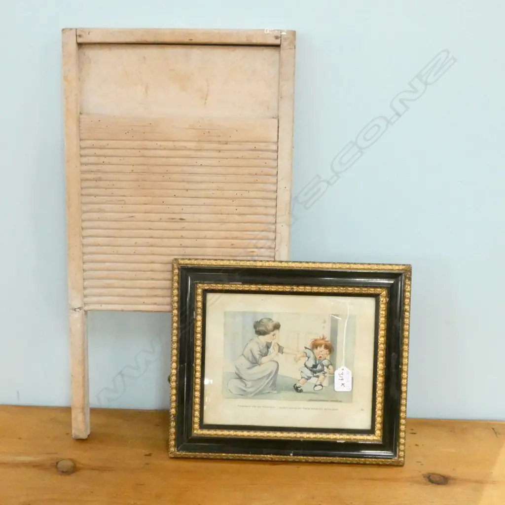 EDWARDIAN ADVERTISING PRINT & OLD PINE WASHBOARD Image 1++