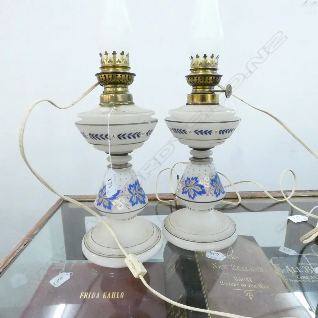 PAIR HAND PAINTED MILK GLASS KEROSENE LAMPS SOME FAULTS Image 1++
