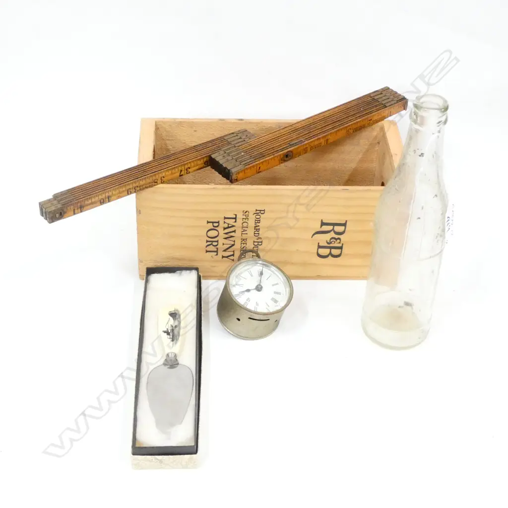 LONG OLD EXPANDING RULER + CLOCK + HUIA BOTTLE +... Image 1++