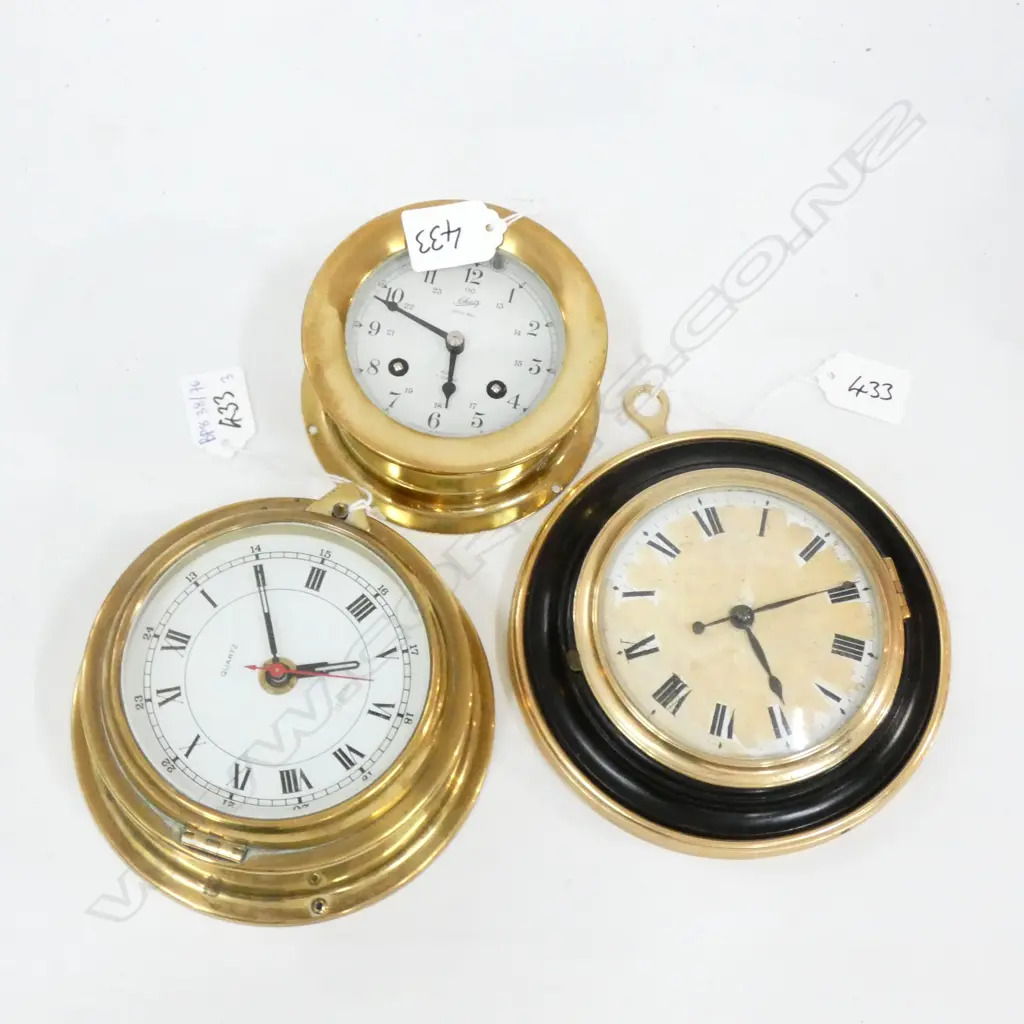 3 BRASS CLOCKS; SCHATZ SHIPS BELL, HUGER QUARTZ, OTHER Image 1++