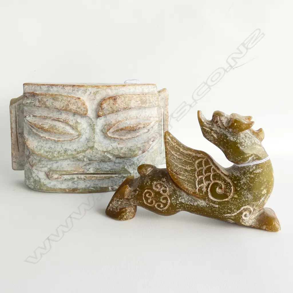 2 CHINESE GREEN STONE CARVED ARCHAIC PIECES Image 1++