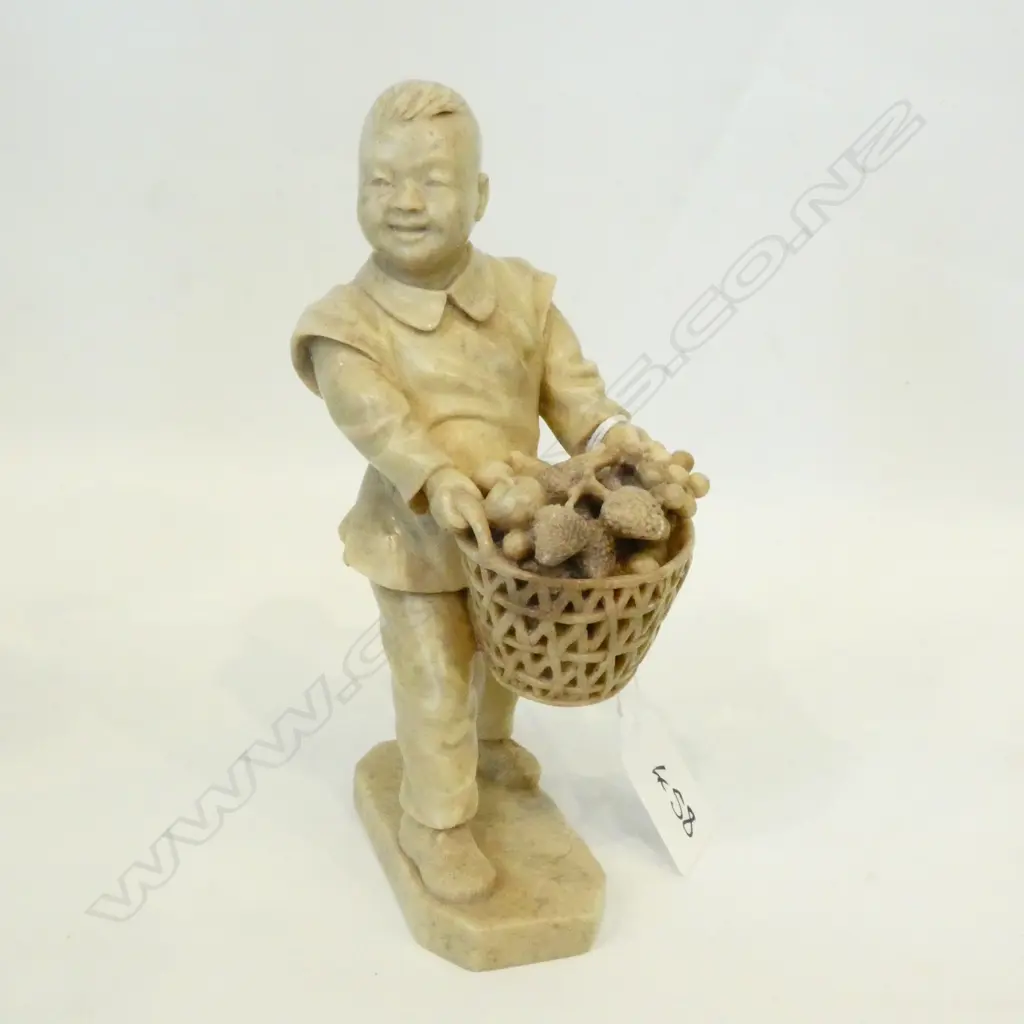 CHINESE WELL CARVED FIGURE, BOY HOLDING FRUIT, SIGNED ON BASE Image 1++