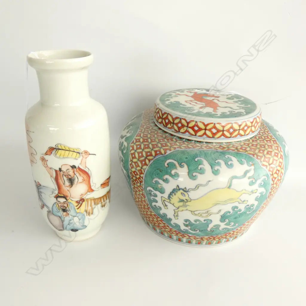 CHINESE POLYCHROME LIDDED JAR & VASE H.170mm Image 1++