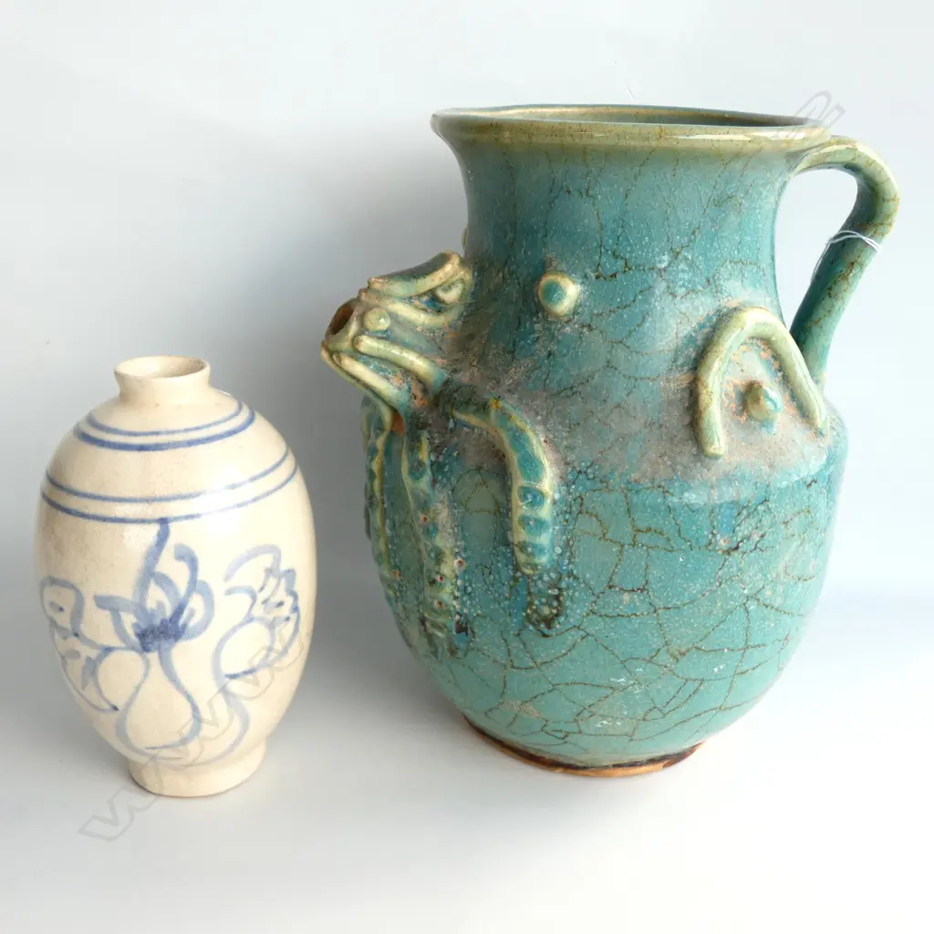 CHINESE PROVINCIAL BLUE GLAZED POTTERY JUG H.200mm + VASE Image 1++