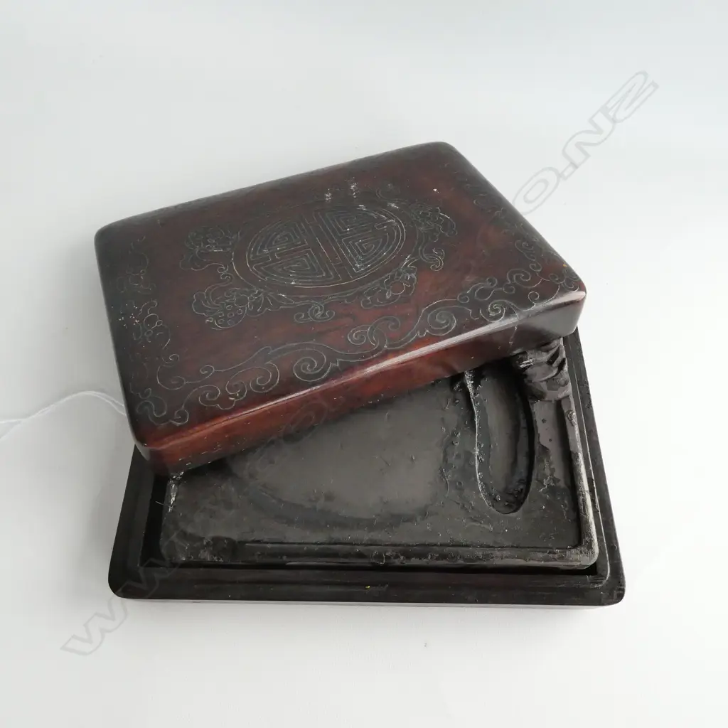 CHINESE SILVER WIRE INLAID ROSEWOOD CALLIGRAPHER'S INKSTONE BOX (SOME SMALL FAULTS) Image 1++