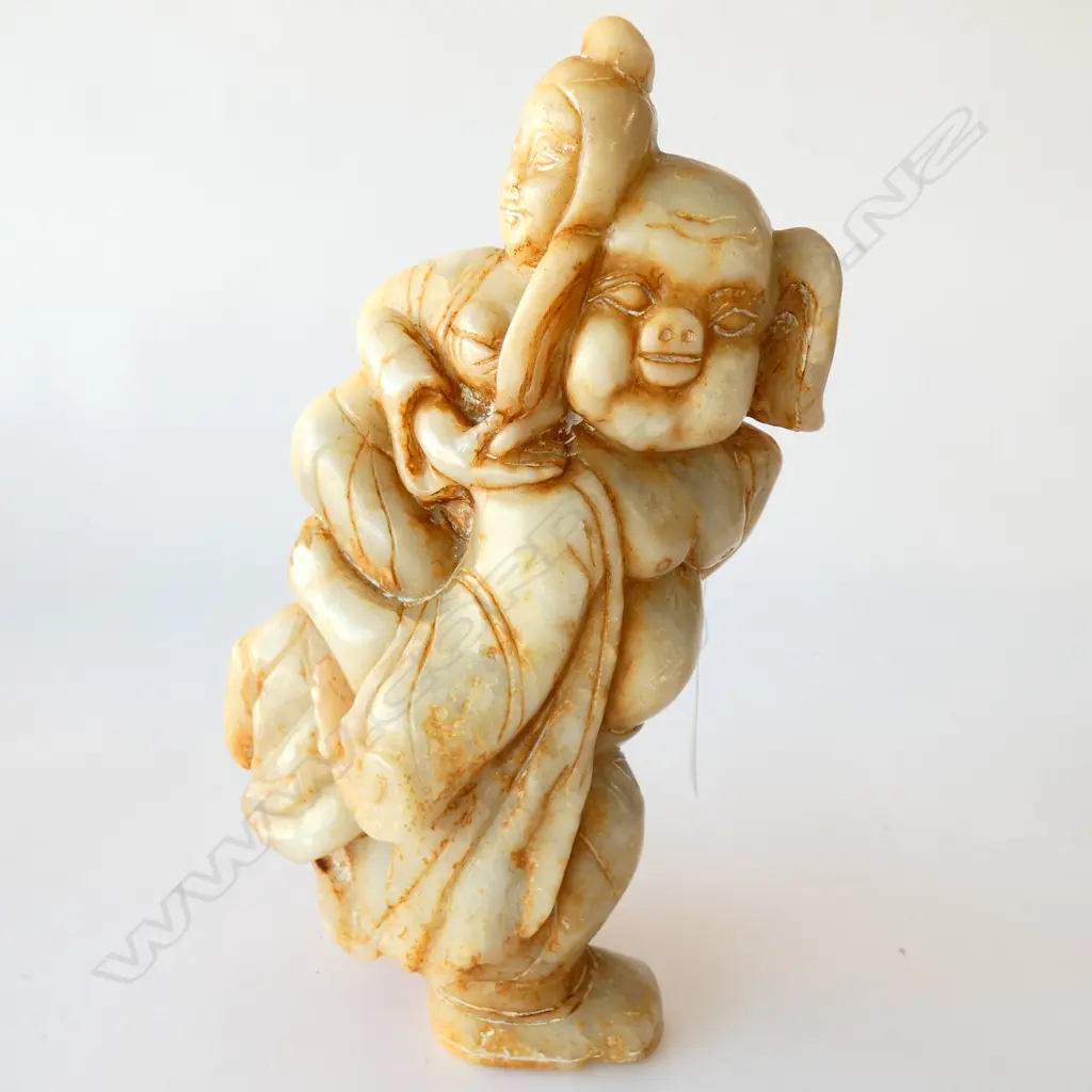 CHINESE JADE PIG CARRYING WOMAN FIGURE H.195mm Image 1++