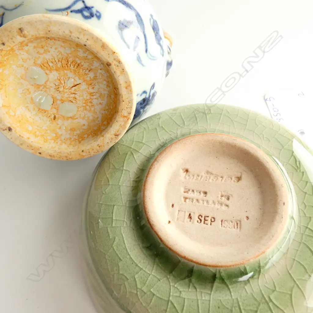 CHINESE SMALL B&W TEAPOT + CELEDON BOWL Image 1++
