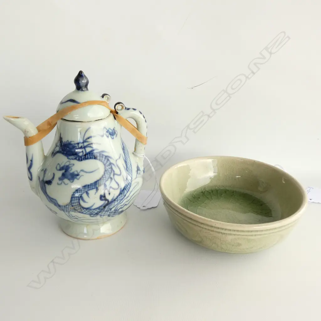 CHINESE SMALL B&W TEAPOT + CELEDON BOWL Image 1++