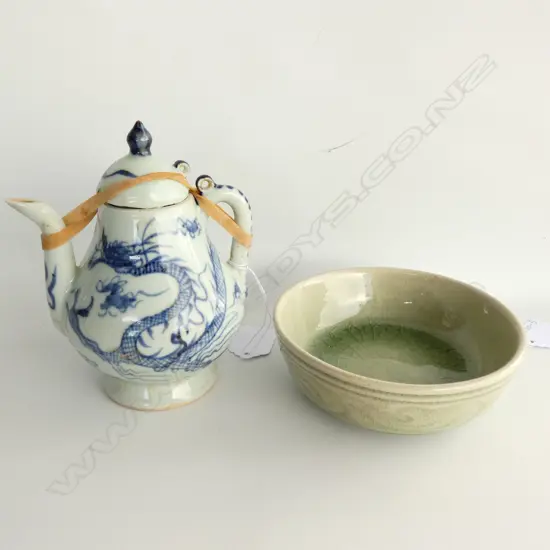 CHINESE SMALL B&W TEAPOT + CELEDON BOWL