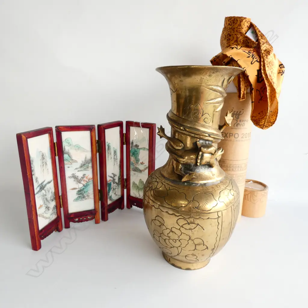 SMALL CHINESE SCREEN, BRASS VASE & SILK SCARF Image 1++