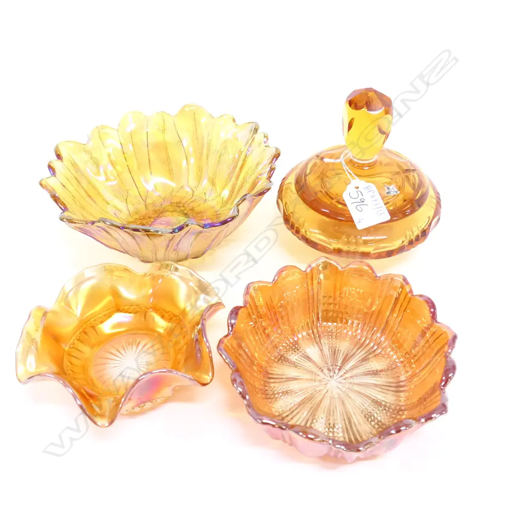 3 PCES ORANGE CARNIVAL CARNIVAL GLASS + LIDDED DISH Image 1++