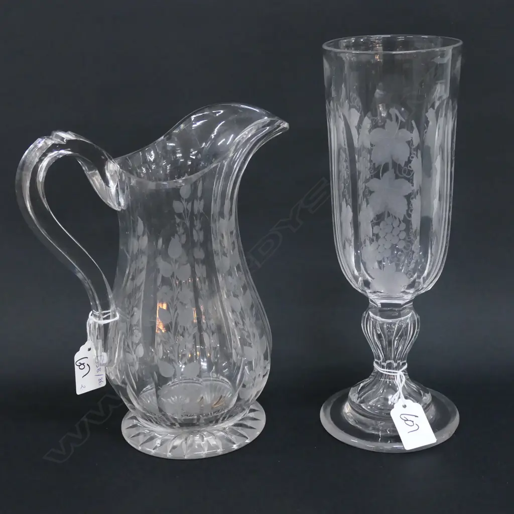 ETCHED CELERY VASE & JUG BOTH WITH 1 SMALL RIM CHIP H. 270MM Image 1++