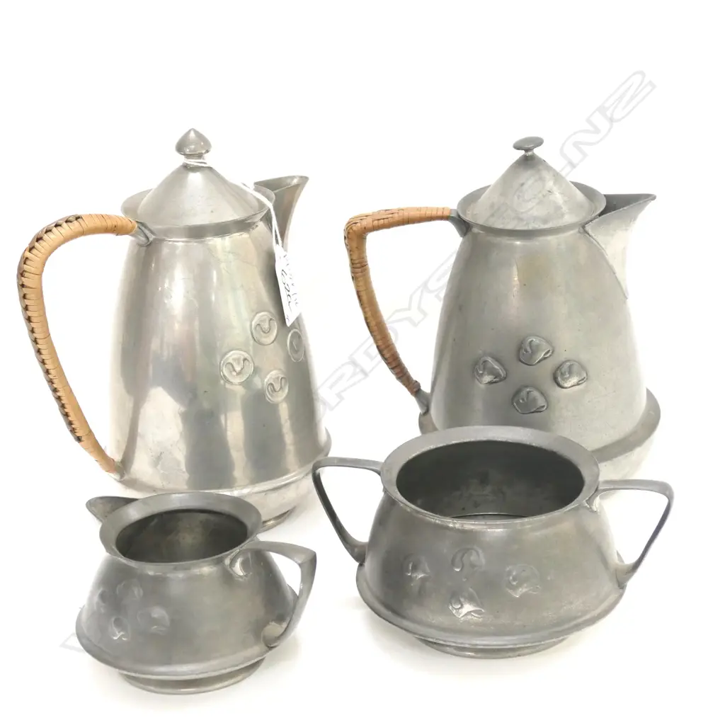 TUDRIC 4 PCE PEWTER TEA SET #0303 CANE HANDLES Image 1++