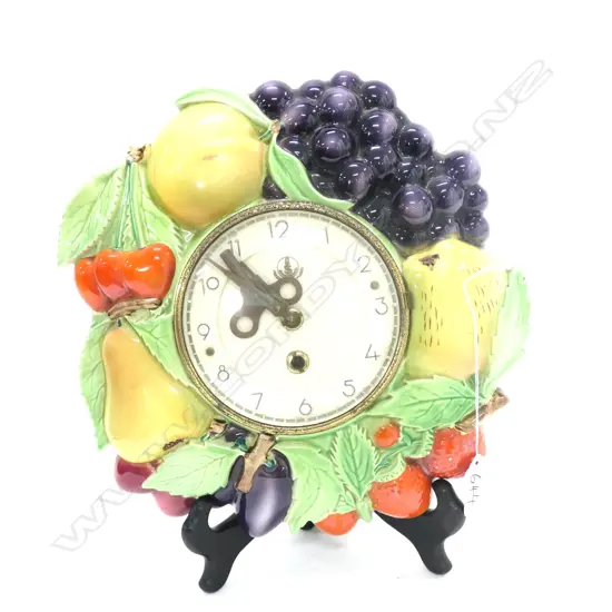 POTTERY WALL CLOCK, FRUIT MOTIF, WIND UP WITH KEY, DIA APPROX 280MM