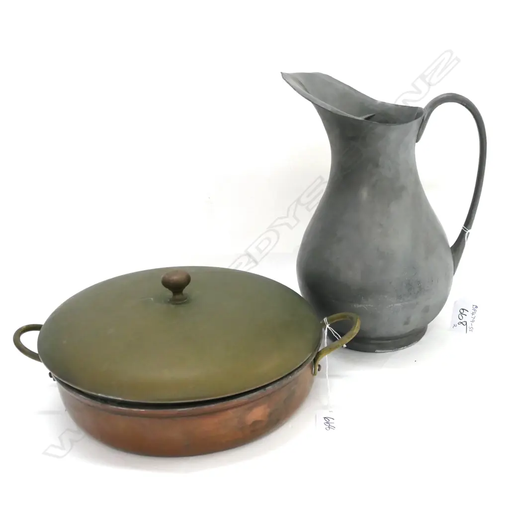 PEWTER WATER JUG & COPPER LIDDED SAUTE PAN Image 1++