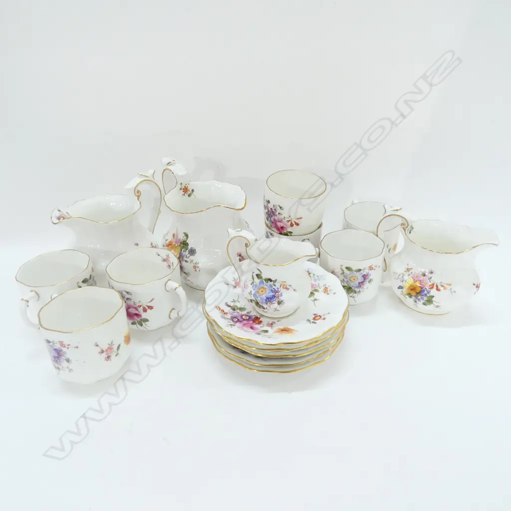6 ROYAL CROWN DERBY COFFEE CUPS SAUCERS + SUGAR & 4 JUGS HAIRLINE CRACKS TO SOME PCES Image 1++