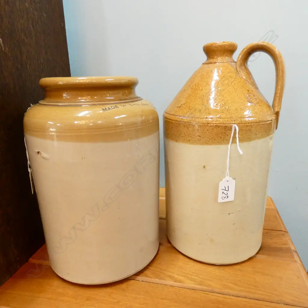 C. 1900 STONE CROCK + FLAGGON BROWN GLAZE TOP Image 1++