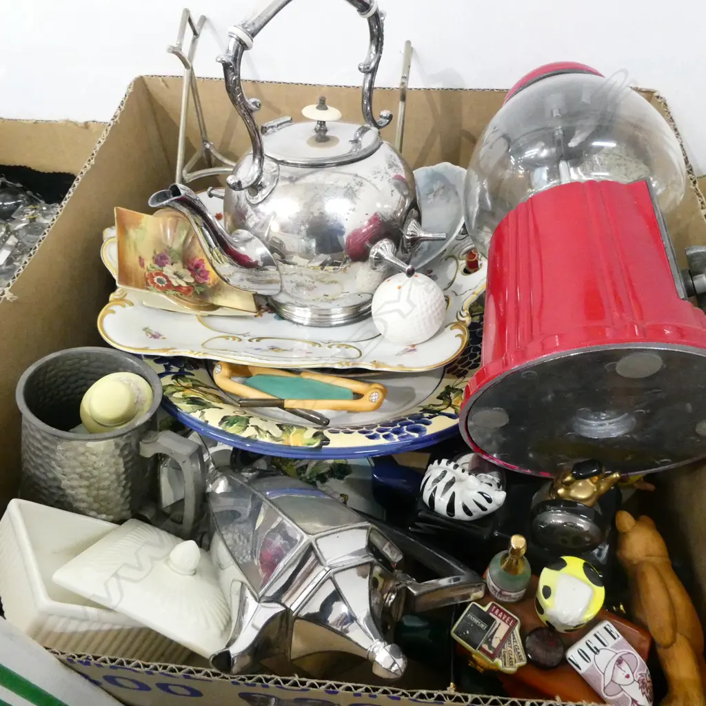 BOX LOT ASST. ITEMS; SPIRIT KETTLE, CERAMICS ETC Image 1++