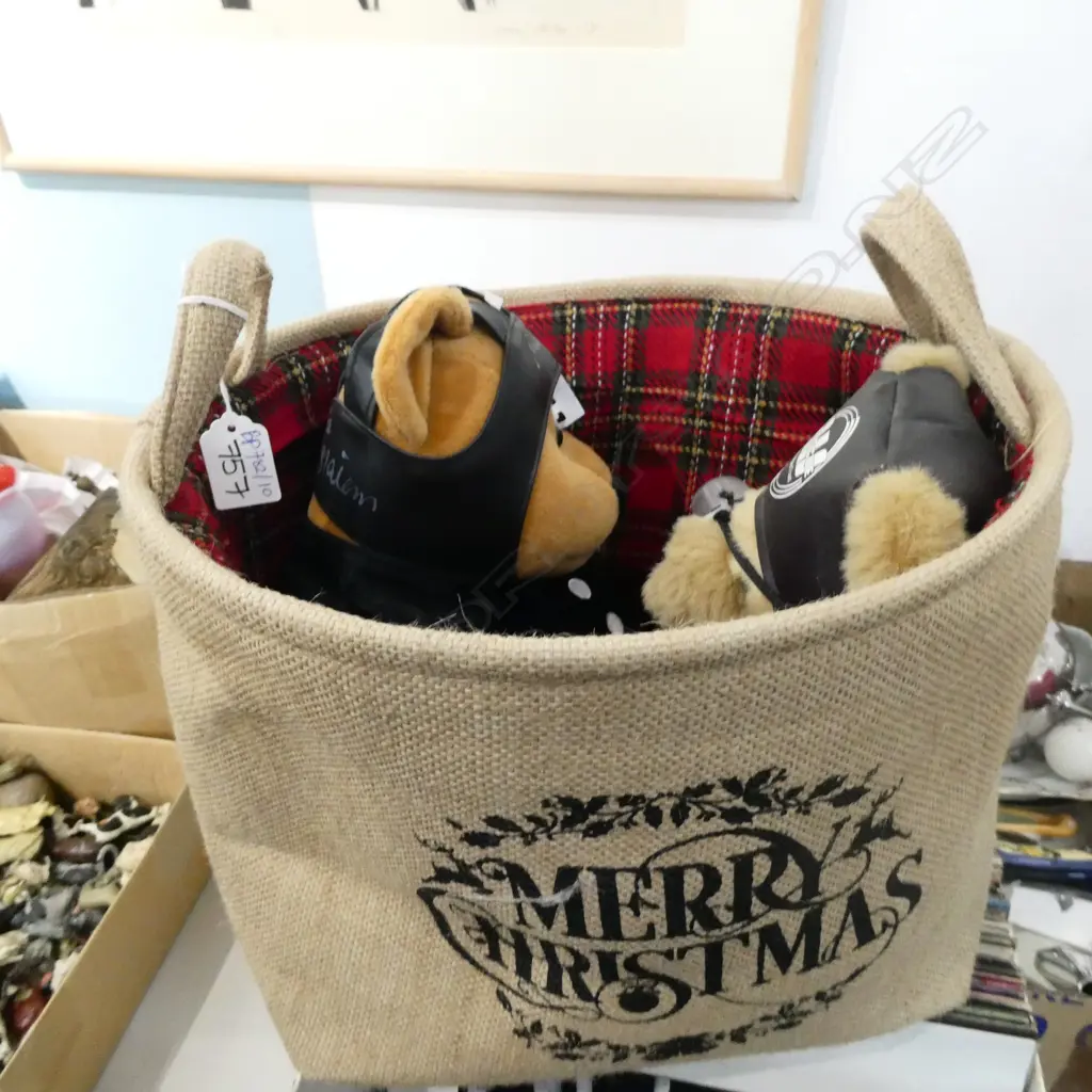 BOX LOT CANVAS BASKET & SIGNED RUGBY TEDDIES Image 1++
