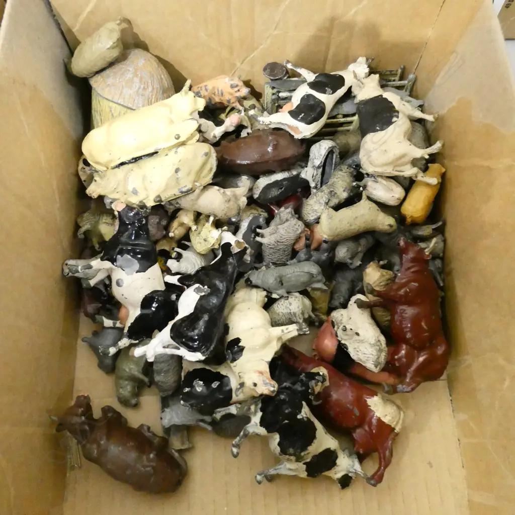 COLLECTION OF LEAD FARM ANIMALS; SHEEP, COWS, FENCES ETC; J. HILL & CO, ETC Image 1++