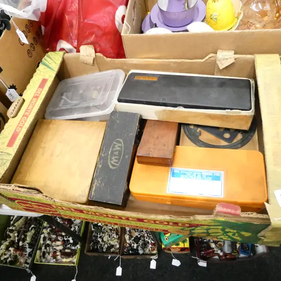 BOX LOT ASST. CASED TOOLS INCL. TAP & DIE SET, ETC