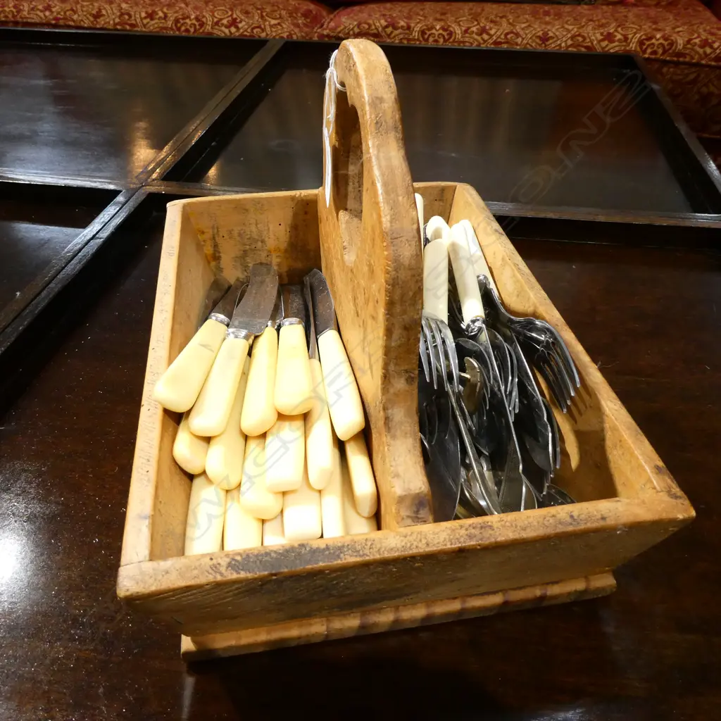 WOODEN TRAY OF CUTLERY INCL.  'BONE' IVORINE KNIVES Image 1++