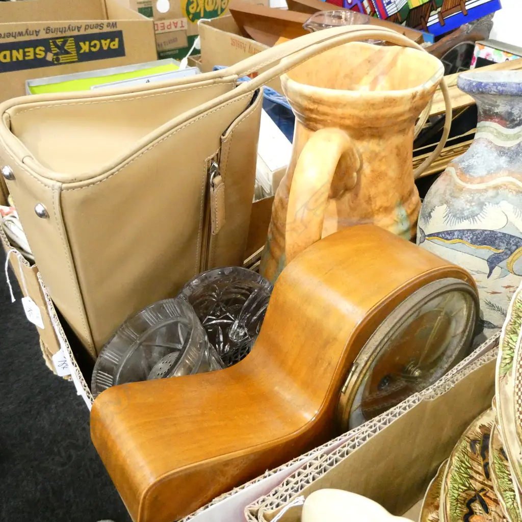 BOX LOT HANDBAG, RETRO MANTLE CLOCK, CRYSTAL ETC Image 1++