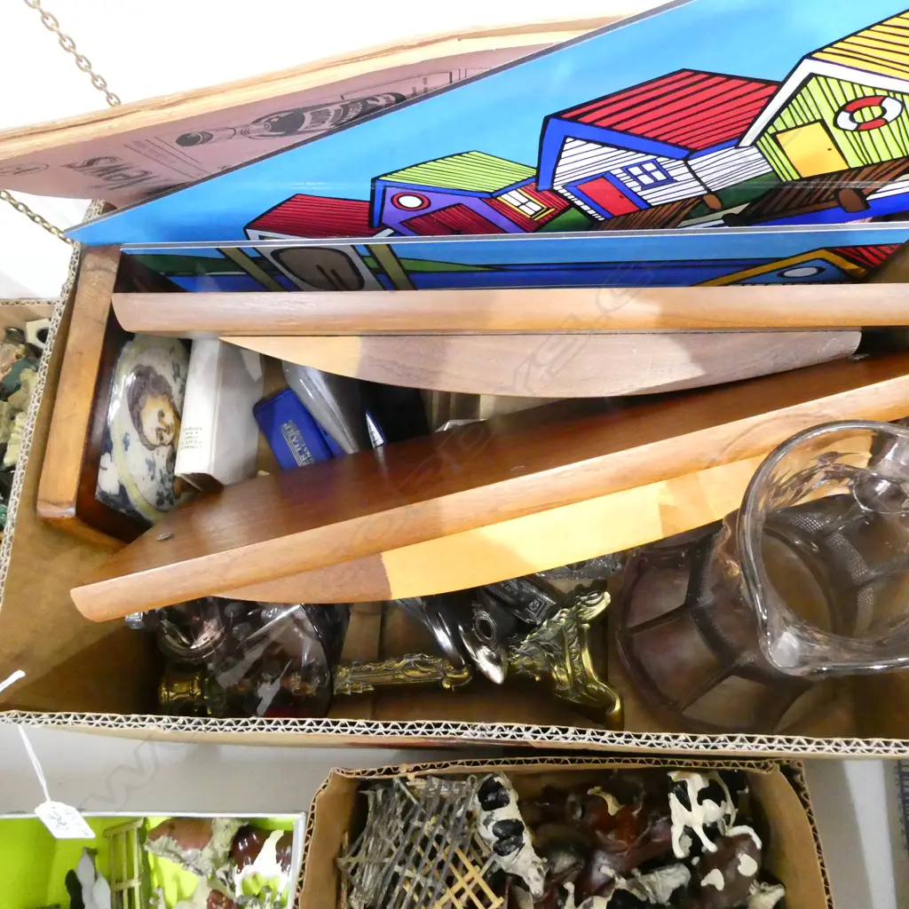 BOX LOT VINTAGE GLASS, ART, SHOE HORNS, HARMONICAS ETC Image 1++