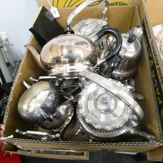 BOX LOT 2 SPIRIT KETTLES, ASST. CUTLERY, EP TEA SERVICE