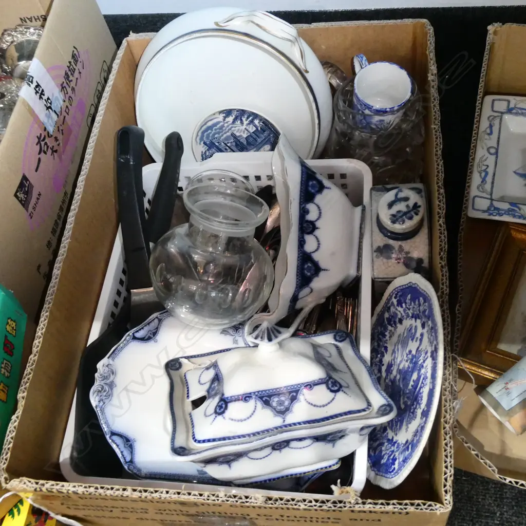 BOX LOT ASST B/W CERAMICS, CUTLERY ETC Image 1++