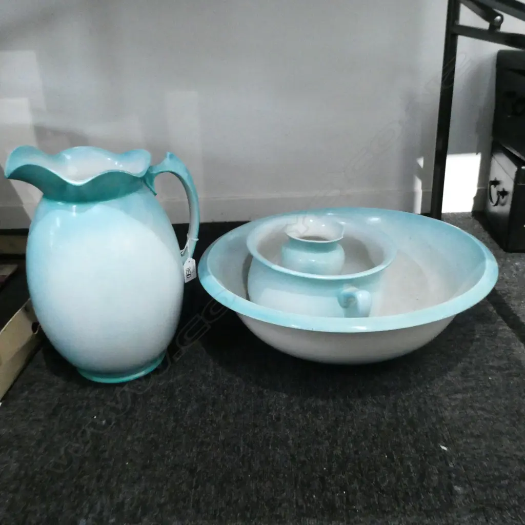 VINTAGE WASH BOWL 435MM DIA, PITCHER (AF OLD REPAIR), COMMODE & VASE SET Image 1++