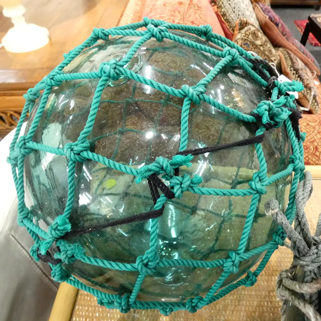 OLD LARGE GLASS FISHING FLOAT WITH NETTING Dia.370mm Image 1++