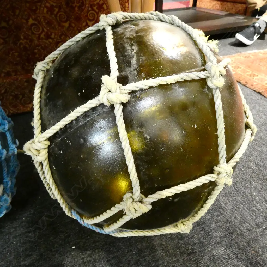 OLD LARGE GLASS FISHING FLOAT WITH NETTING Dia.380mm Image 1++
