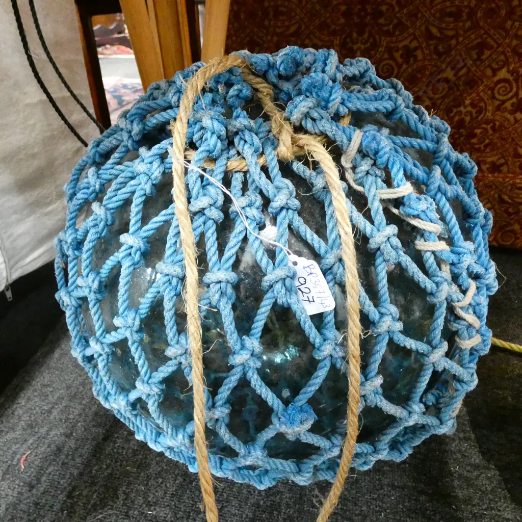 OLD LARGE GLASS FISHING FLOAT WITH NETTING Dia.400mm Image 1++