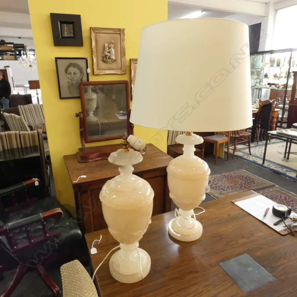 PR LARGE ALABASTER VASE BASED TABLE LAMPS w SHADES,  H.920mm af Image 1++