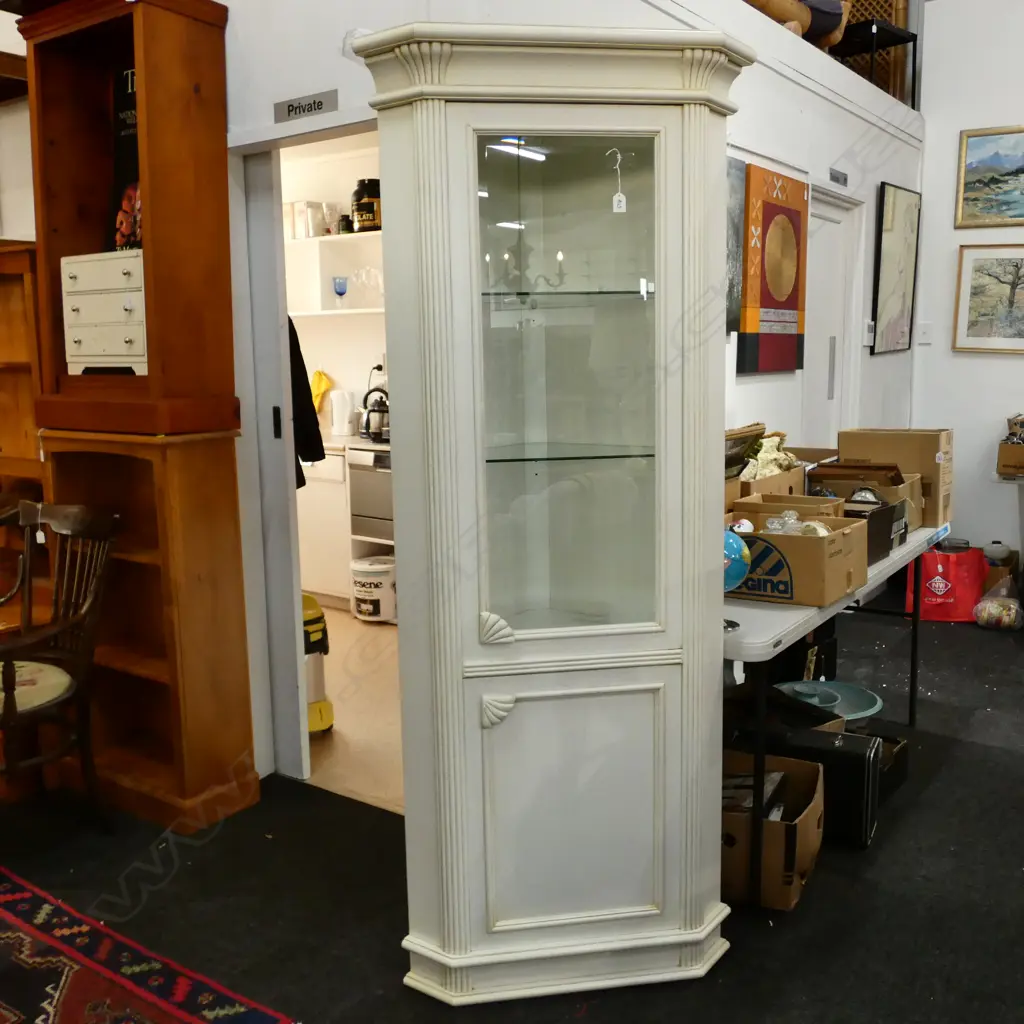 WHITE CORNER DISPLAY CABINET W INTERNAL LIGHT, GLASS SHELVES ABOVE CUPBOARD. H.1950mm Image 1++
