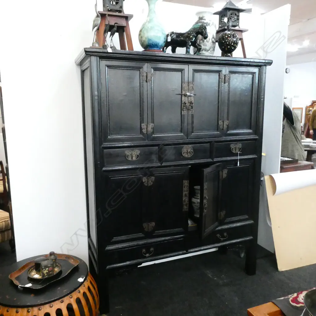 LARGE ANTIQUE BLACK WOODEN CHINESE CABINET, PURCHASED IN SINGAPORE Image 1++