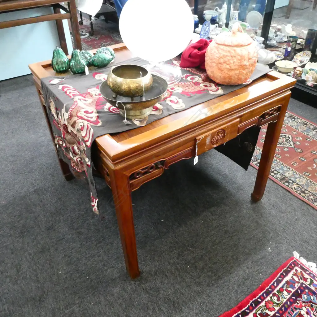 CHINESE CARVED ROSEWOOD GAMES TABLE WITH 4X DRAWS Image 1++