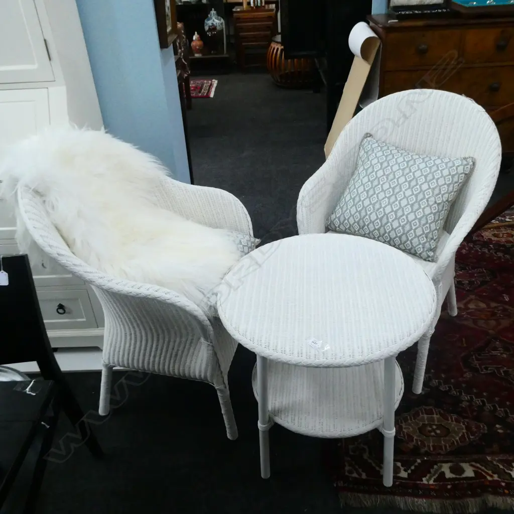 PR WHITE CANE ARMCHAIRS WITH CUSHIONS + MATCHING SIDE TABLE Image 1++