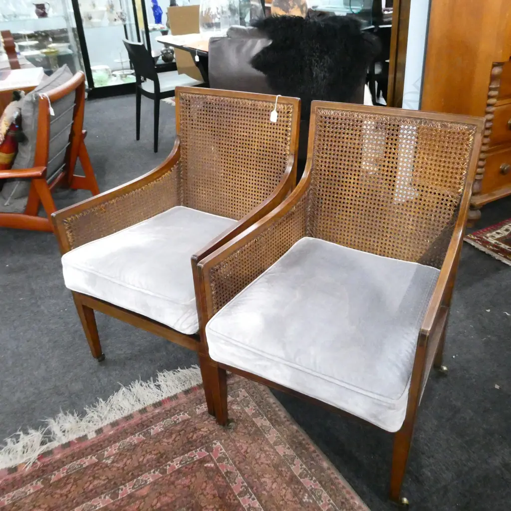 PAIR RESTORED SHERATON REVIVAL CHAIRS - CANE SEATS AND BACK Image 1++