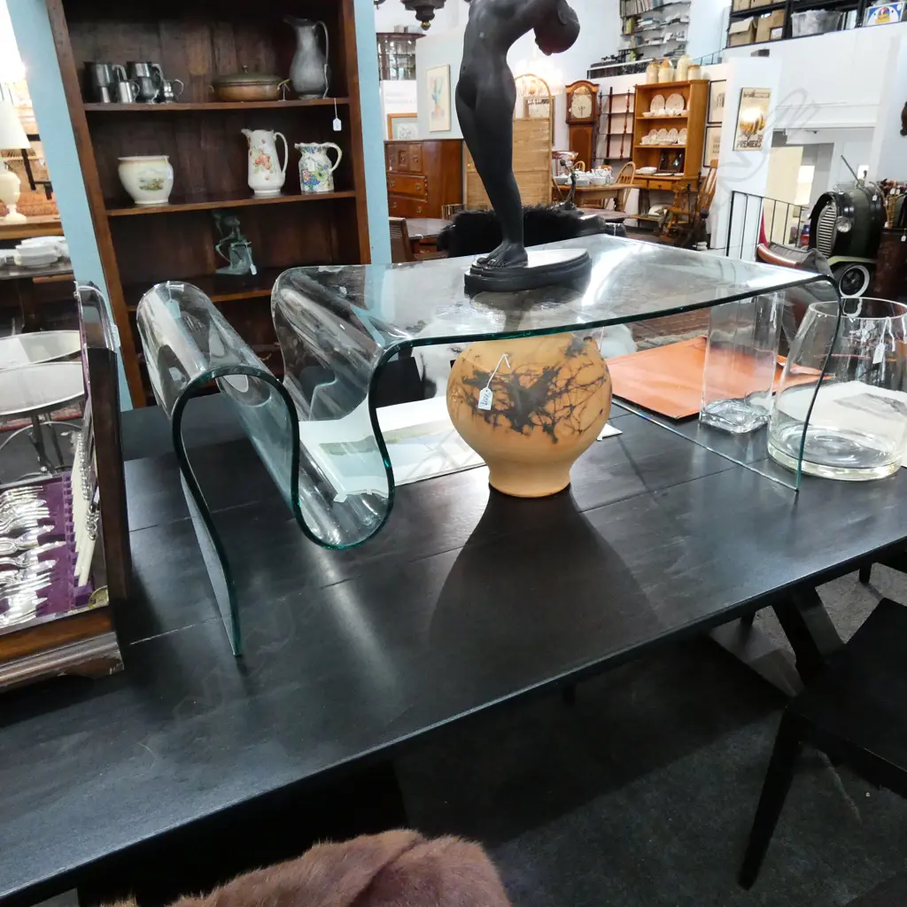 MODERNIST BENT GLASS COFFEE TABLE WITH MAGAZINE RACK W. 600MM D. 1060MM H. 380MM Image 1++