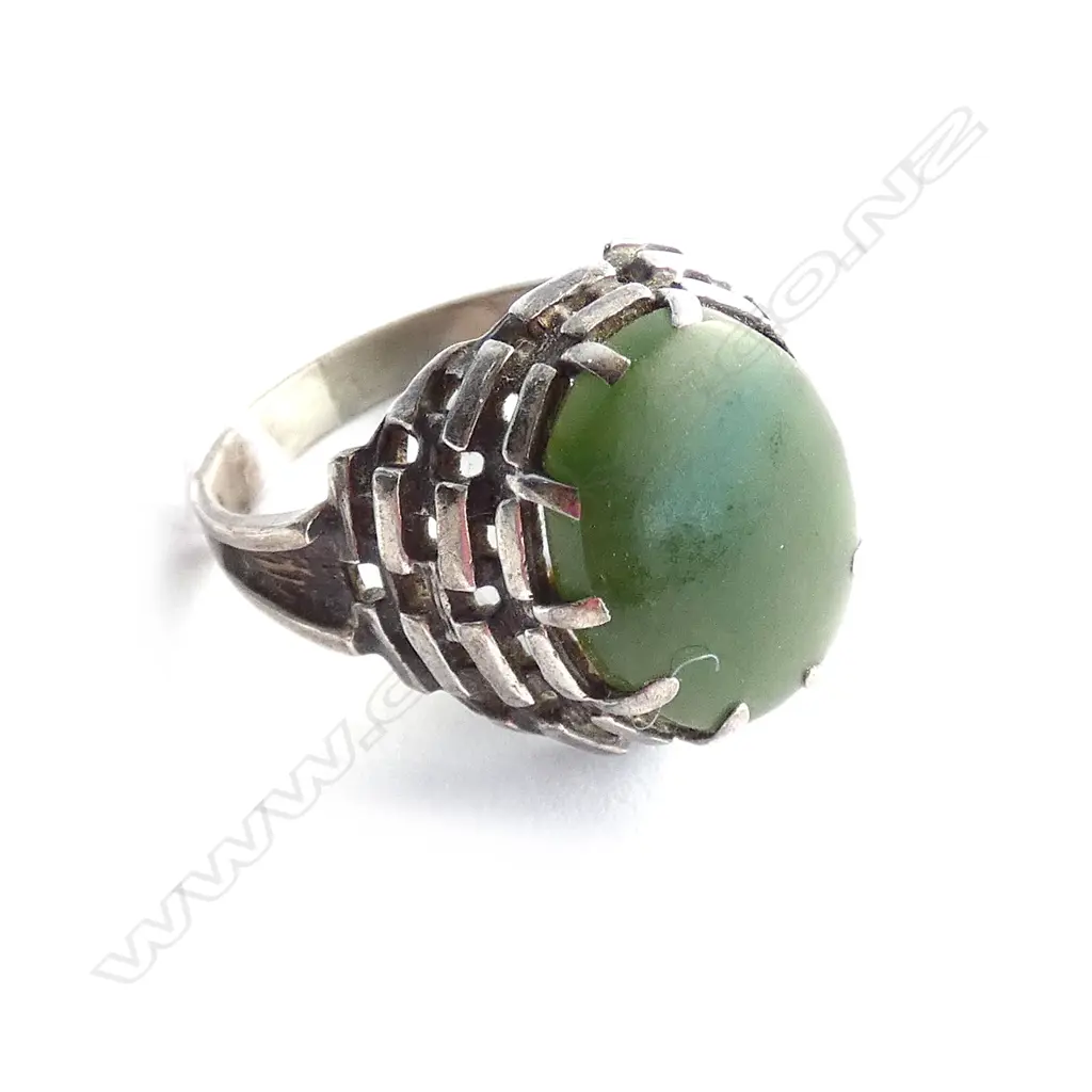 VINTAGE SILVER & NEPHRITE RING MULTI BAR MOUNT Image 1++
