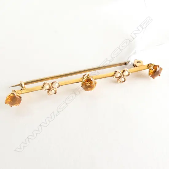 9CT GOLD CITRINE AND PEARL BAR BROOCH 