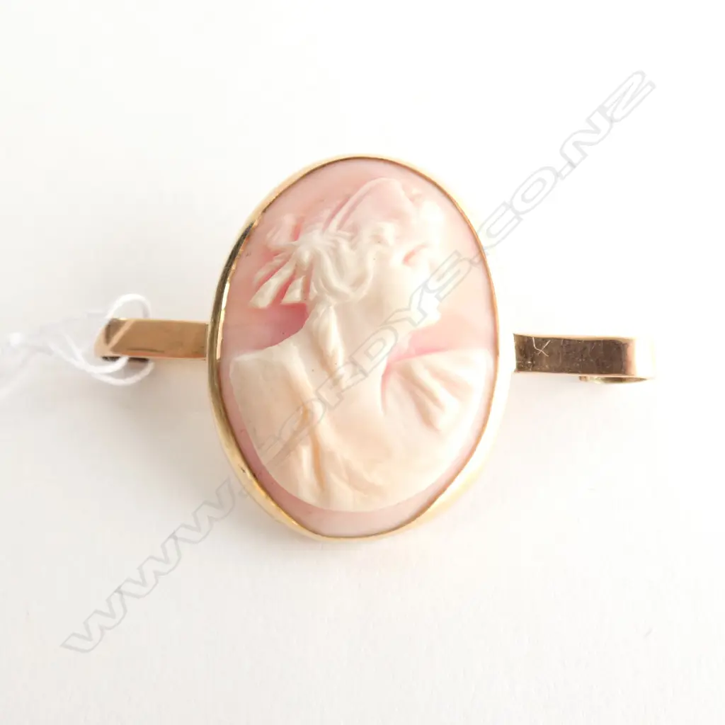 9CT GOLD AND PINK CAMEO BROOCH Image 1++