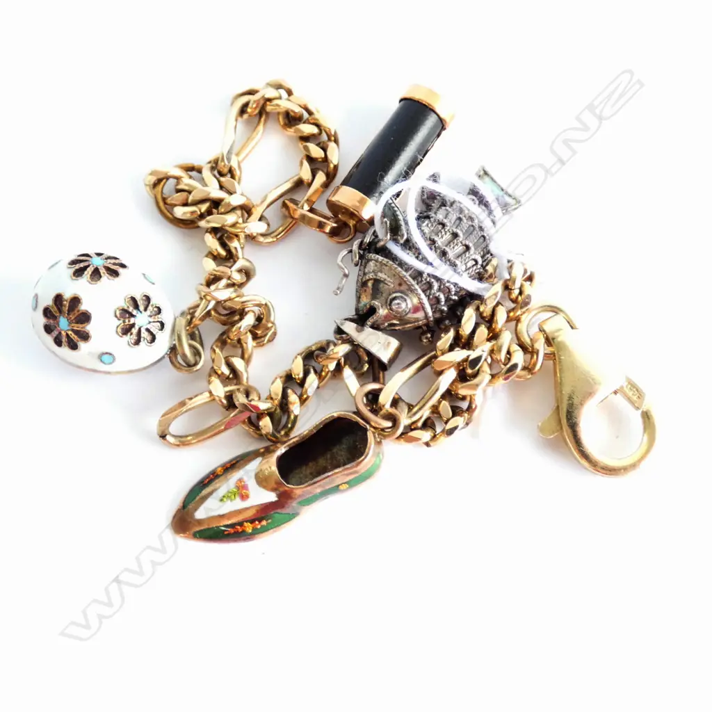 SILVER GILT & ENAMEL CHARM BRACELET 4 CHARMS Image 1++