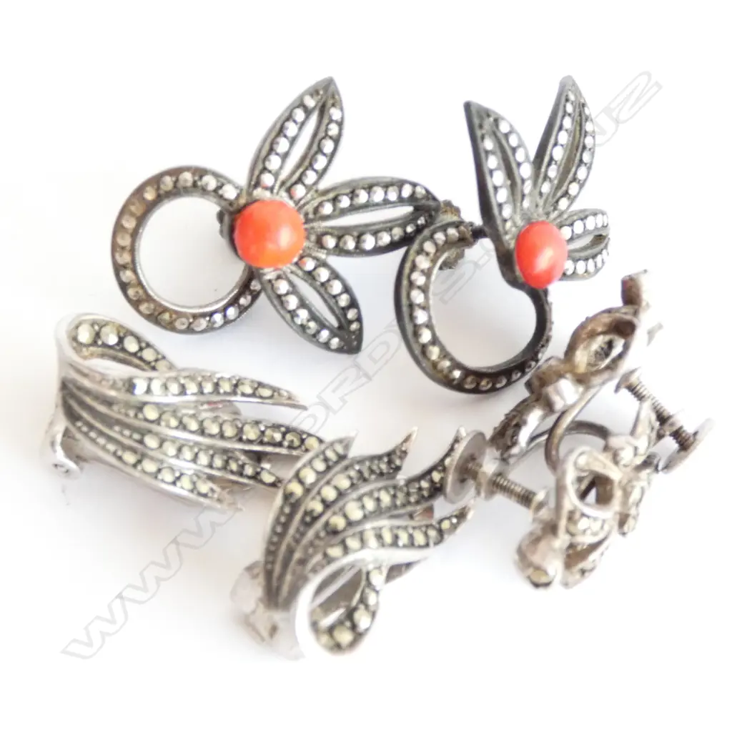 THREE PAIRS MARCASITE EARRINGS - 2 MARKED STERLING Image 1++